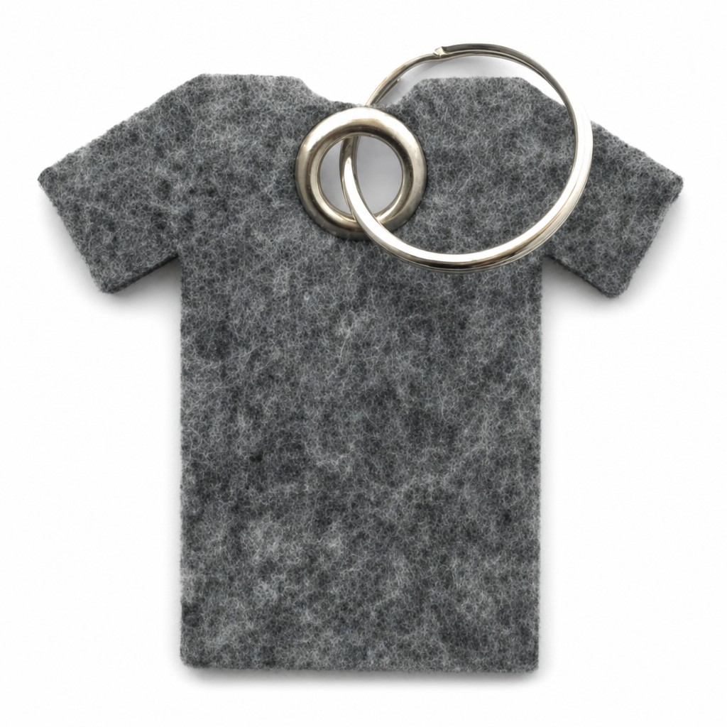 Filz-Schlüsselanhänger T-Shirt in Mittelgrau-meliert mit Metallöse und Schlüsselring – Werbeartikel aus 3 mm Filz