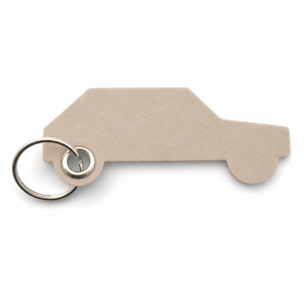 Filz-Schlüsselanhänger Retro-Auto in Beige mit Metallöse und Schlüsselring – Werbeartikel aus 3 mm Filz (mit KI bearbeitetes Bild)