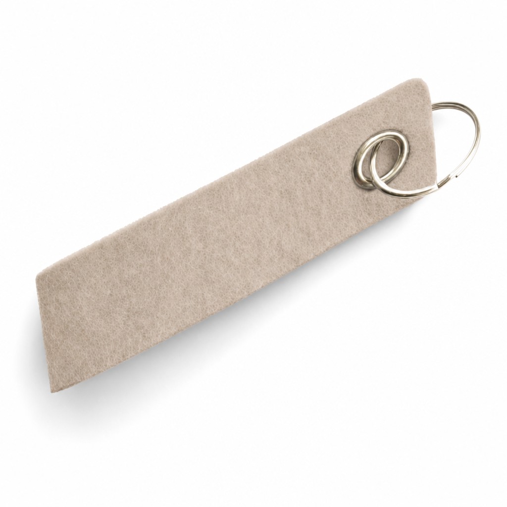 Filz-Schlüsselanhänger Schlaufe 60 × 20 mm in Beige mit Metallöse und Schlüsselring – Werbeartikel aus 3 mm Filz