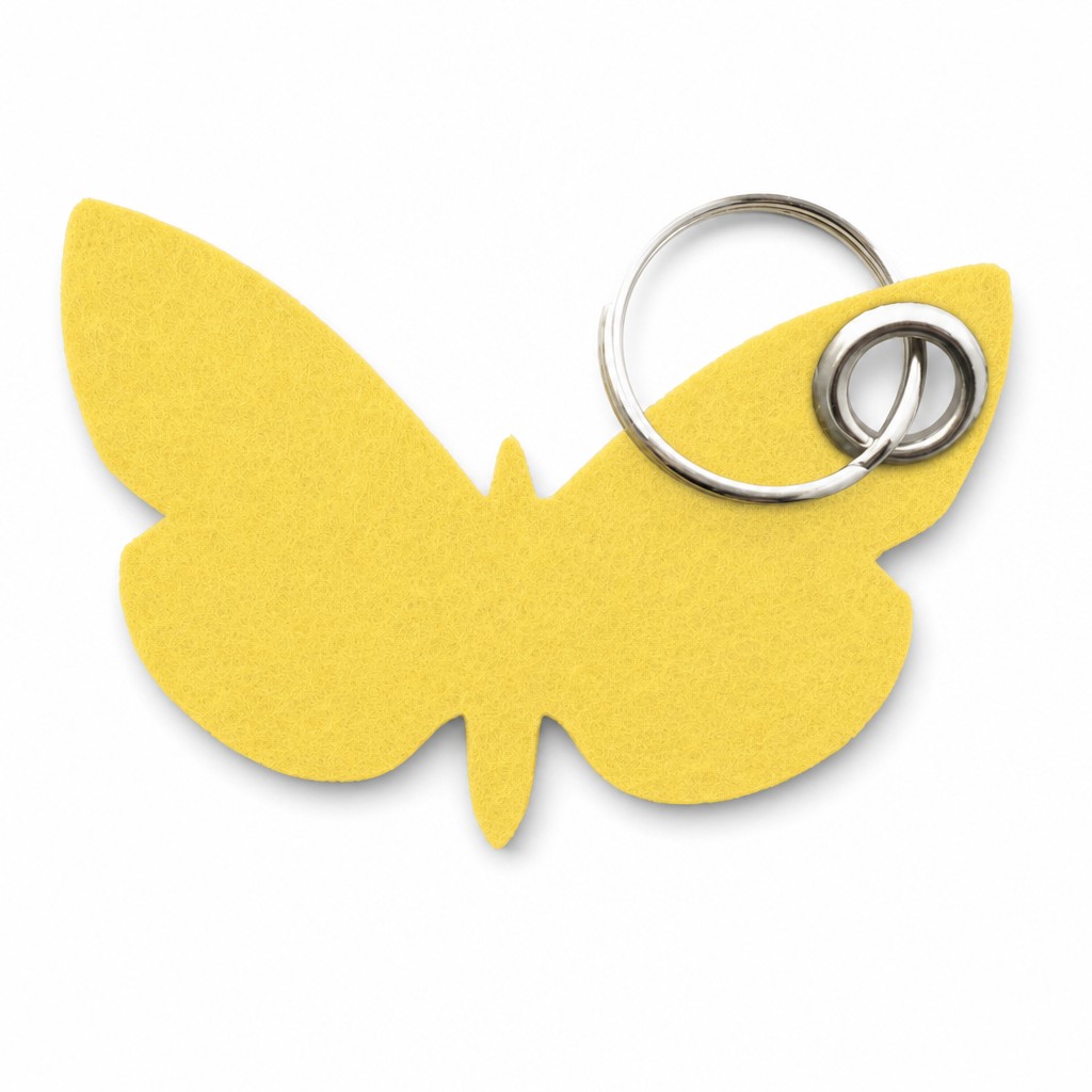 Filz-Schlüsselanhänger Schmetterling in Gelb mit Metallöse und Schlüsselring – Werbeartikel aus 3 mm Filz