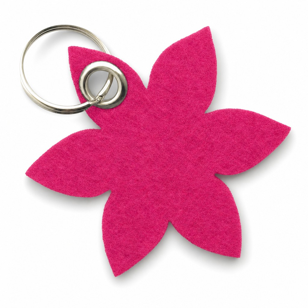 Filz-Schlüsselanhänger Blume spitz in Dunkelpink-Magenta mit Metallöse und Schlüsselring – Werbeartikel aus 3 mm Filz