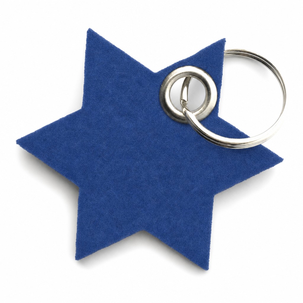 Filz-Schlüsselanhänger Stern in Blau mit Metallöse und Schlüsselring – Werbeartikel aus 3 mm Filz