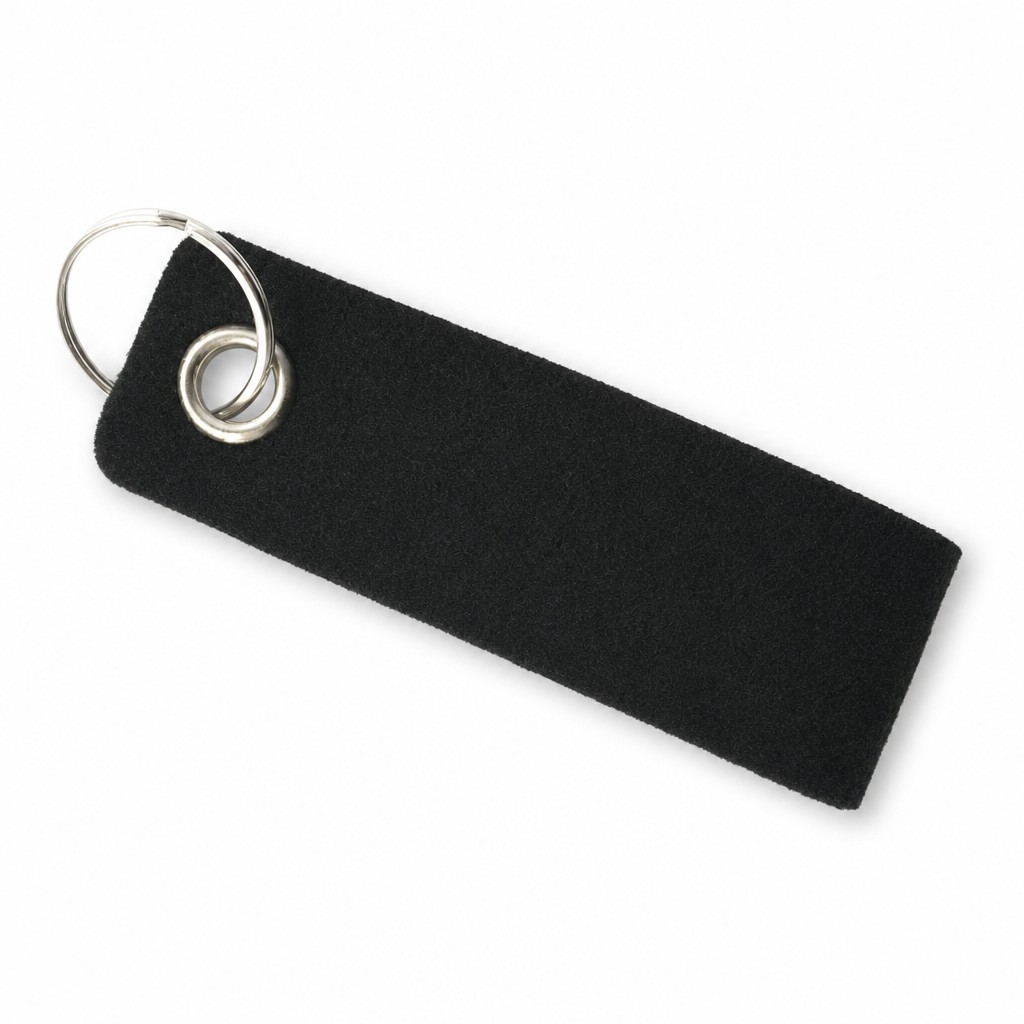 Filz-Schlüsselanhänger Schlaufe 90 × 30 mm in Schwarz mit Metallöse und Schlüsselring – Werbeartikel aus 3 mm Filz