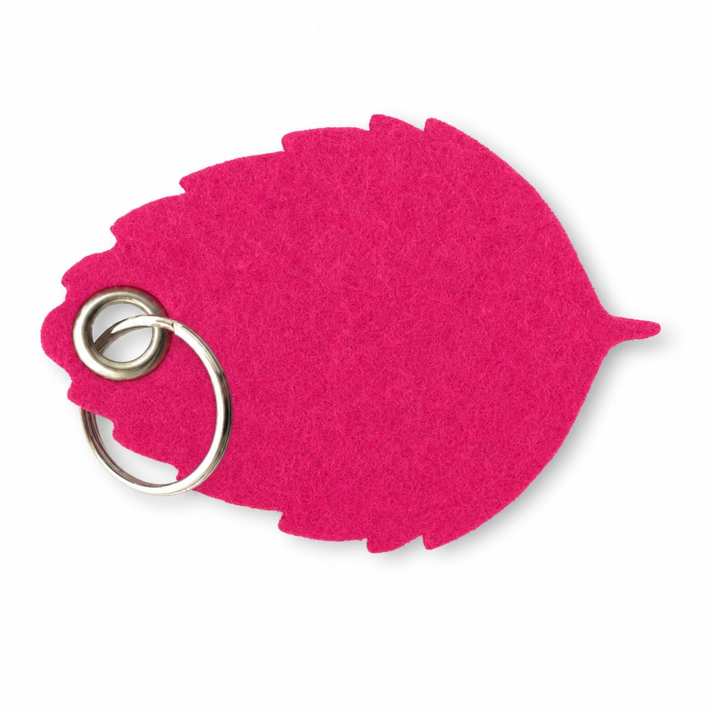 Filz-Schlüsselanhänger Blatt in Dunkelpink-Magenta mit Metallöse und Schlüsselring – Werbeartikel aus 3 mm Filz