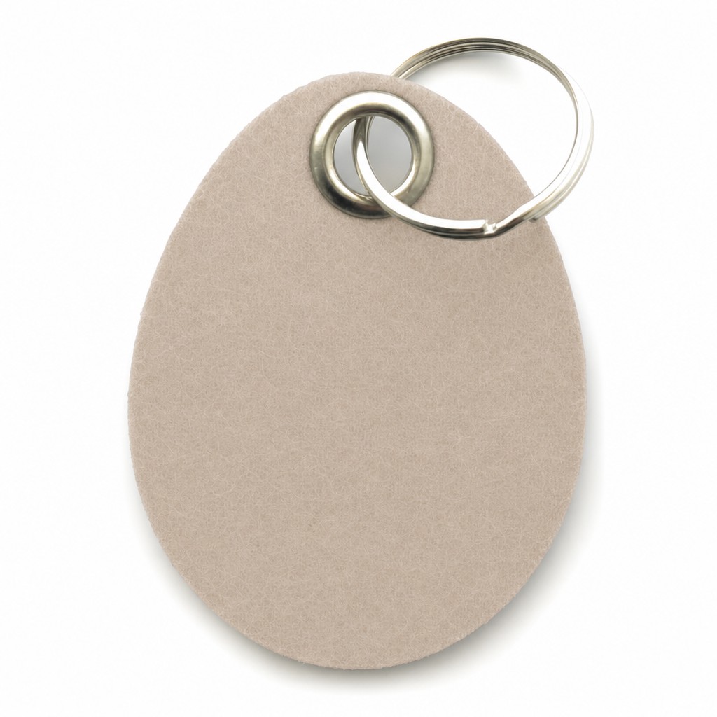 Filz-Schlüsselanhänger Ei in Beige mit Metallöse und Schlüsselring – Werbeartikel aus 3 mm Filz