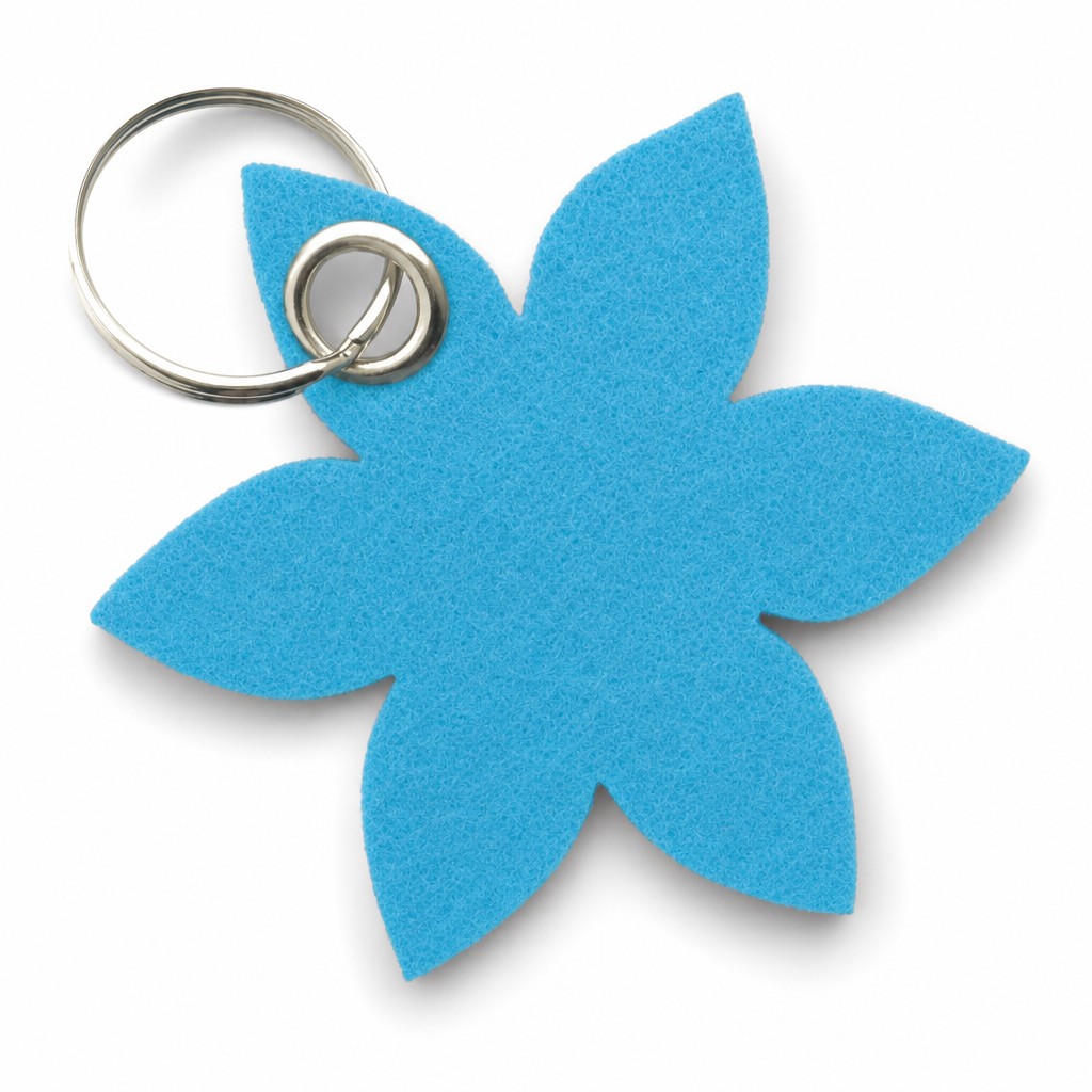 Filz-Schlüsselanhänger Blume spitz in Hellblau mit Metallöse und Schlüsselring – Werbeartikel aus 3 mm Filz