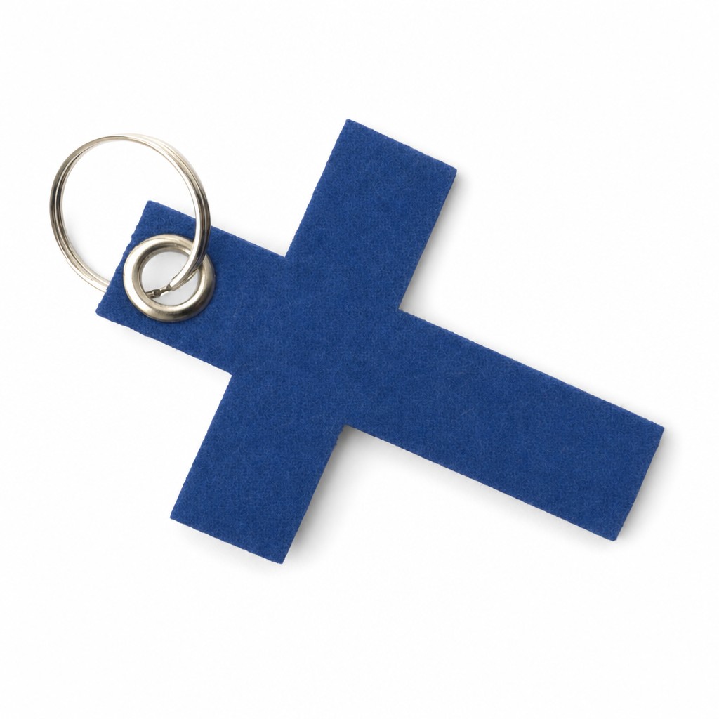 Filz-Schlüsselanhänger Kreuz groß in Blau mit Metallöse und Schlüsselring – Werbeartikel aus 3 mm Filz