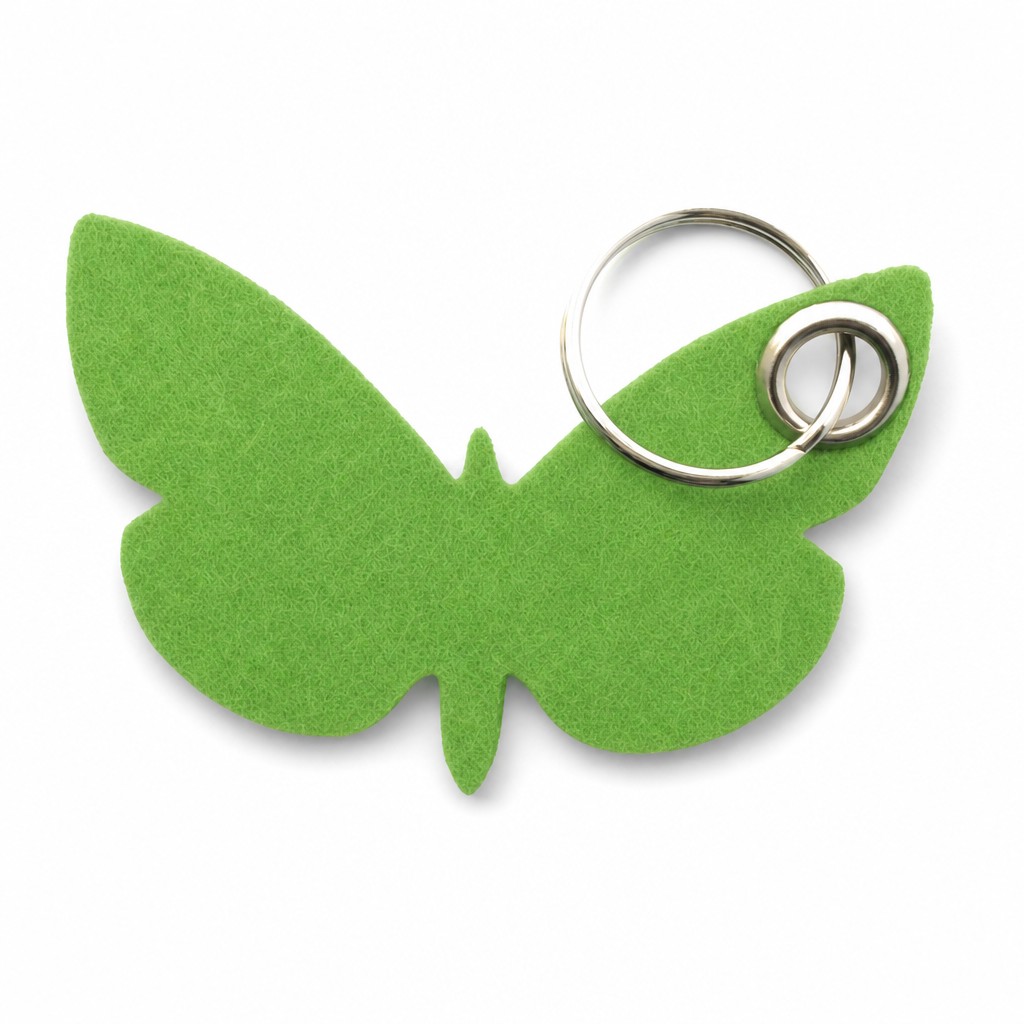 Filz-Schlüsselanhänger Schmetterling in Hellgrün mit Metallöse und Schlüsselring – Werbeartikel aus 3 mm Filz (mit KI bearbeitetes Bild)
