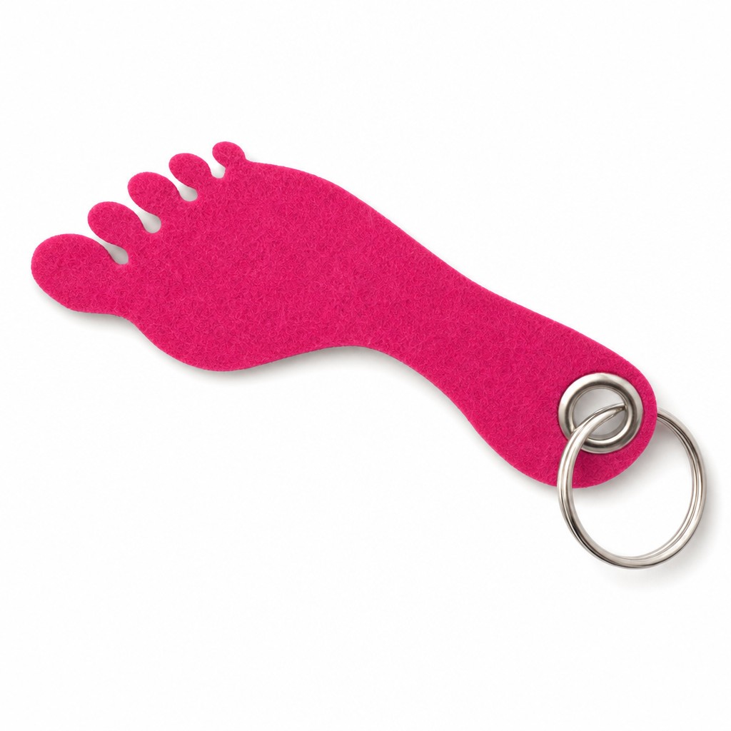 Filz-Schlüsselanhänger Fuß in Dunkelpink-Magenta mit Metallöse und Schlüsselring – Werbeartikel aus 3 mm Filz
