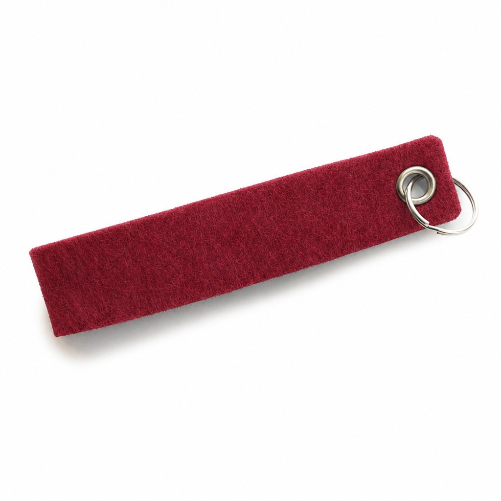 Filz-Schlüsselanhänger Schlaufe 140 × 30 mm in Dunkelrot mit Metallöse und Schlüsselring – Werbeartikel aus 3 mm Filz