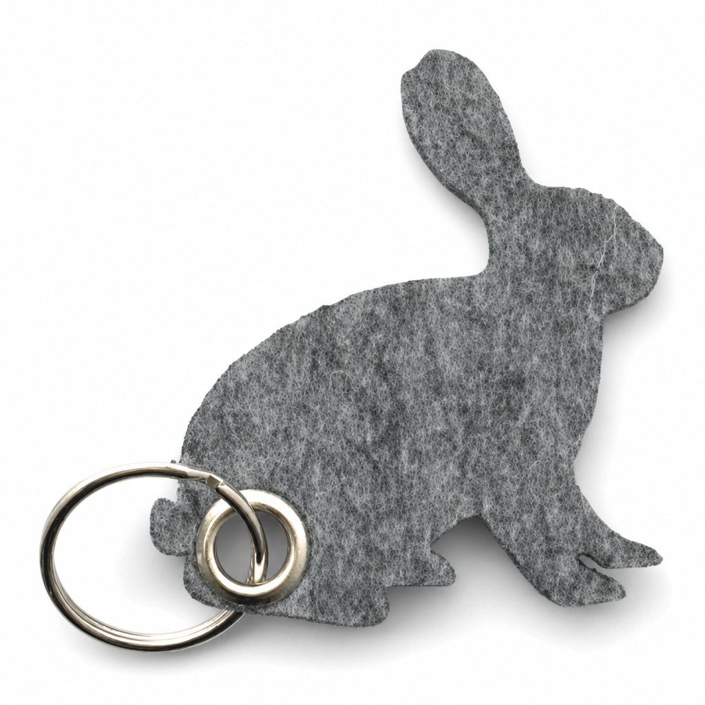 Filz-Schlüsselanhänger Hase in Mittelgrau-meliert mit Metallöse und Schlüsselring – Werbeartikel aus 3 mm Filz