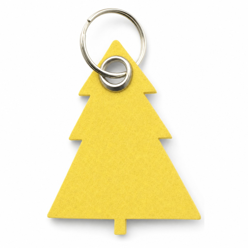 Filz-Schlüsselanhänger Tannenbaum in Gelb mit Metallöse und Schlüsselring – Werbeartikel aus 3 mm Filz