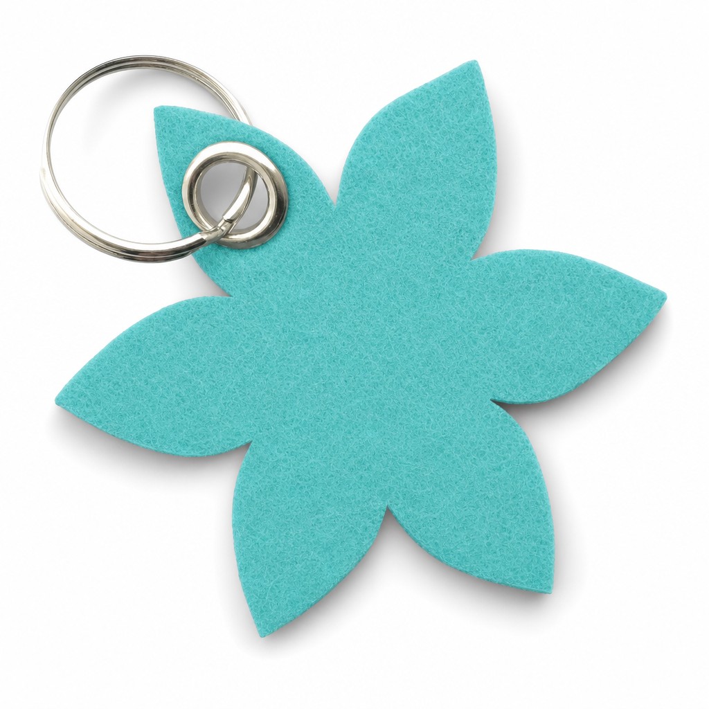 Filz-Schlüsselanhänger Blume spitz in Türkis mit Metallöse und Schlüsselring – Werbeartikel aus 3 mm Filz