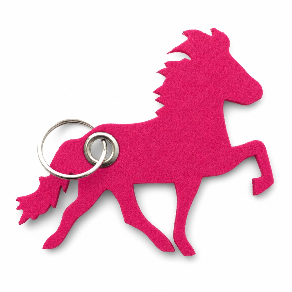 Filz-Schlüsselanhänger Islandpferd in Dunkelpink-Magenta mit Metallöse und Schlüsselring – Werbeartikel aus 3 mm Filz