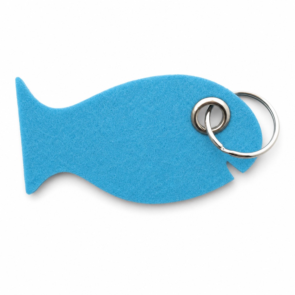 Filz-Schlüsselanhänger Fisch in Hellblau mit Metallöse und Schlüsselring – Werbeartikel aus 3 mm Filz