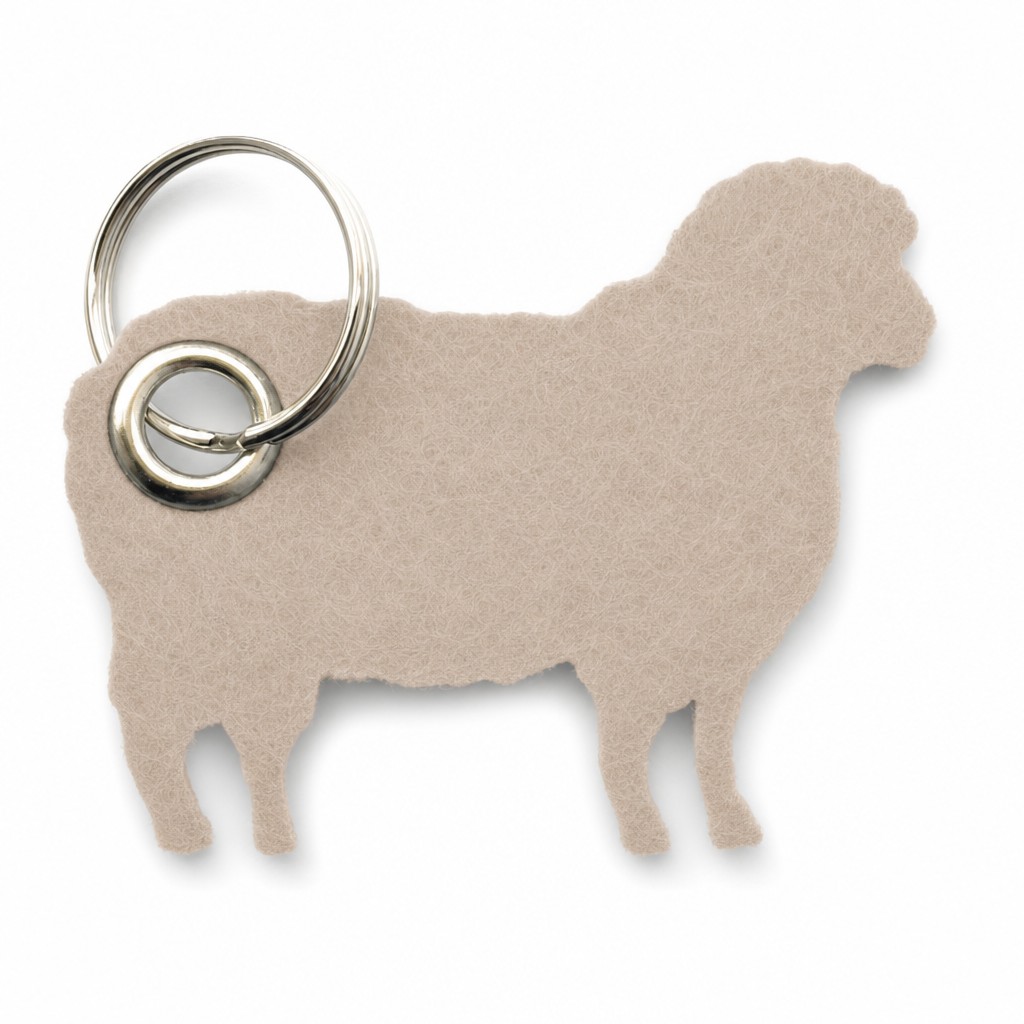 Filz-Schlüsselanhänger Schaf in Beige mit Metallöse und Schlüsselring – Werbeartikel aus 3 mm Filz