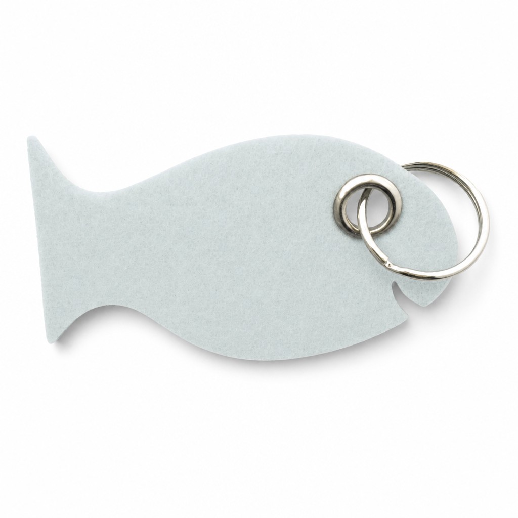 Filz-Schlüsselanhänger Fisch in Weiß mit Metallöse und Schlüsselring – Werbeartikel aus 3 mm Filz