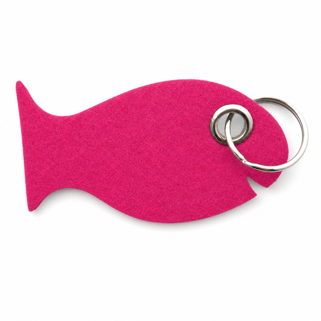 Filz-Schlüsselanhänger Fisch in Dunkelpink-Magenta mit Metallöse und Schlüsselring – Werbeartikel aus 3 mm Filz