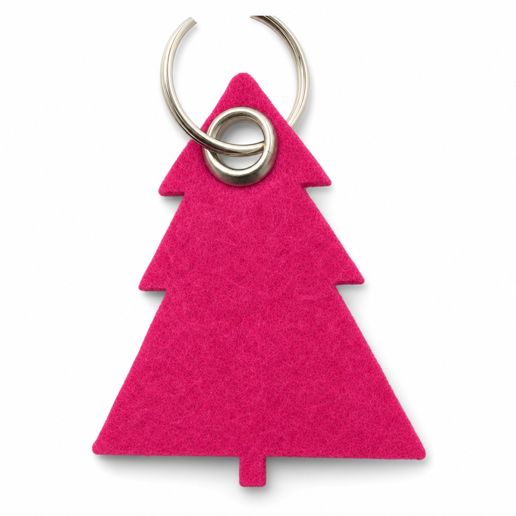 Filz-Schlüsselanhänger Tannenbaum in Dunkelpink-Magenta mit Metallöse und Schlüsselring – Werbeartikel aus 3 mm Filz