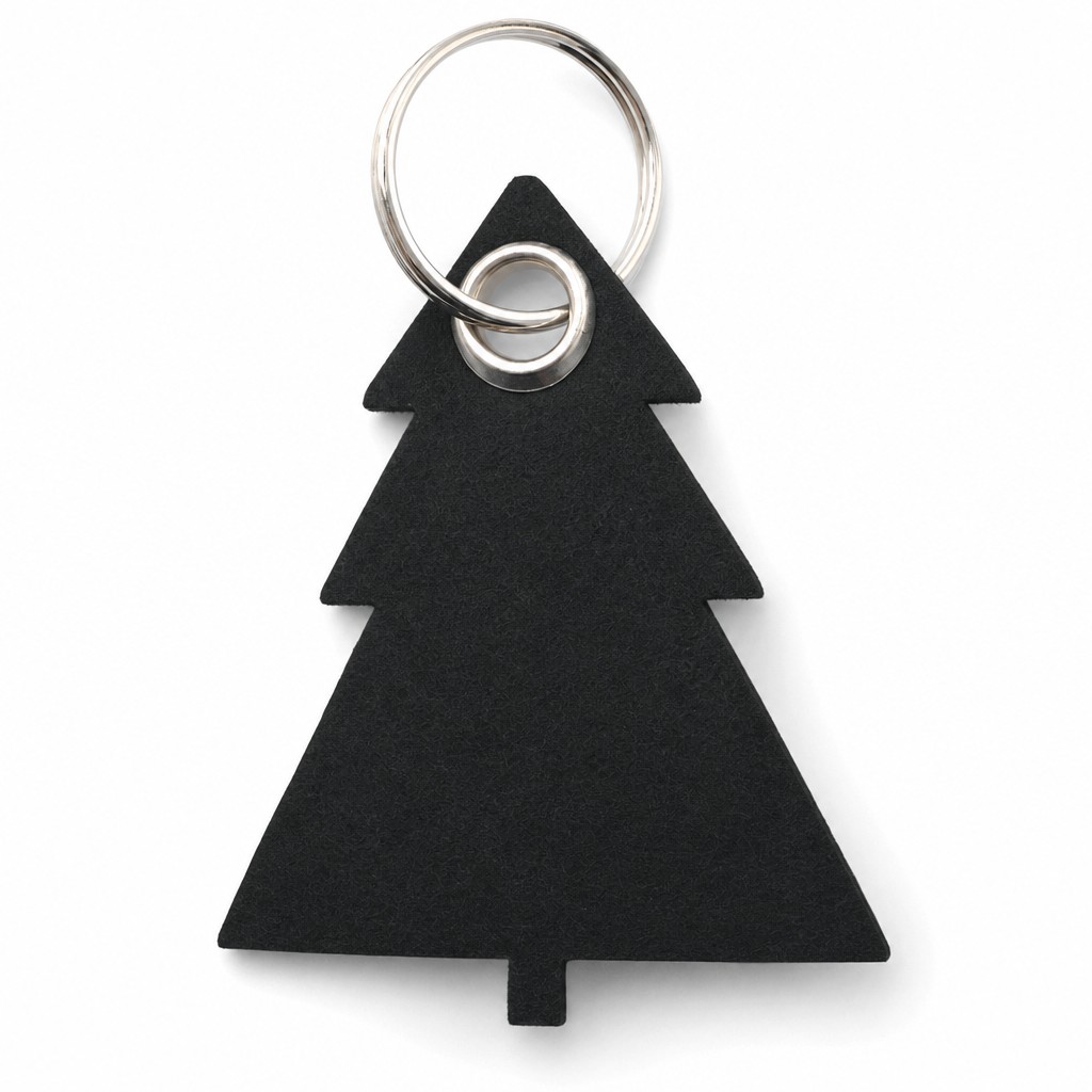 Filz-Schlüsselanhänger Tannenbaum in Schwarz mit Metallöse und Schlüsselring – Werbeartikel aus 3 mm Filz