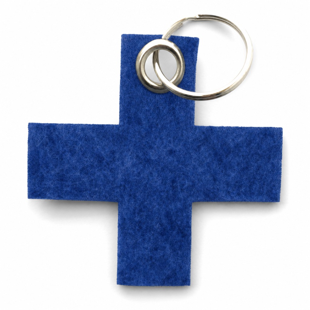 Filz-Schlüsselanhänger Kreuz klein in Blau mit Metallöse und Schlüsselring – Werbeartikel aus 3 mm Filz
