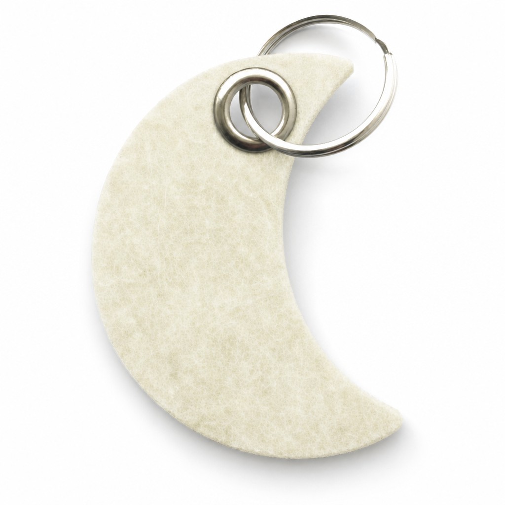 Filz-Schlüsselanhänger Mond in Creme mit Metallöse und Schlüsselring – Werbeartikel aus 3 mm Filz