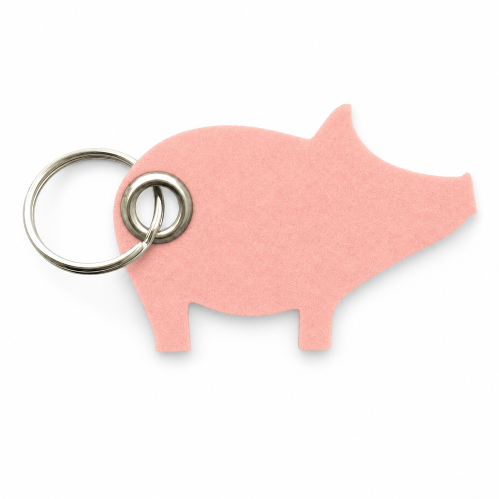 Filz-Schlüsselanhänger Glücksschwein in Rosa mit Metallöse und Schlüsselring – Werbeartikel aus 3 mm Filz (mit KI bearbeitetes Bild)
