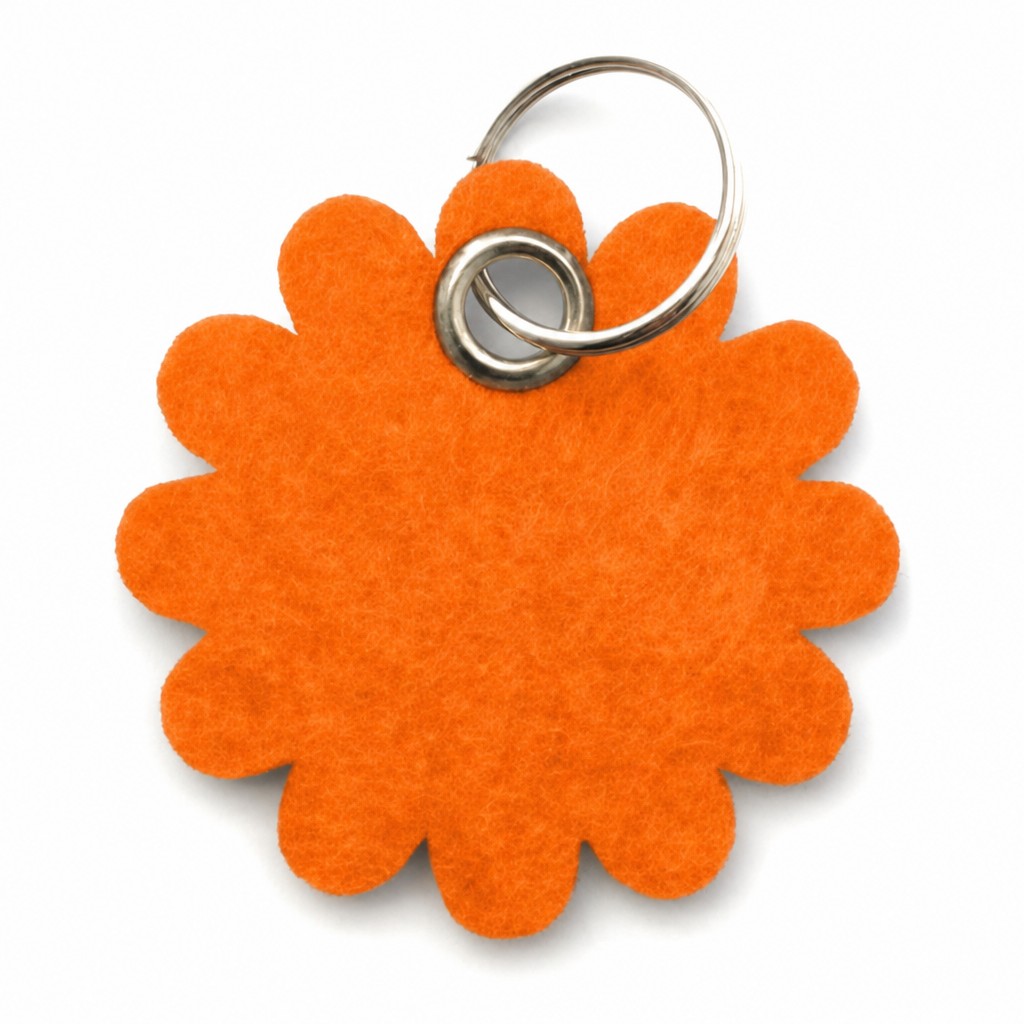 Filz-Schlüsselanhänger Blume rund in Orange mit Metallöse und Schlüsselring – Werbeartikel aus 3 mm Filz