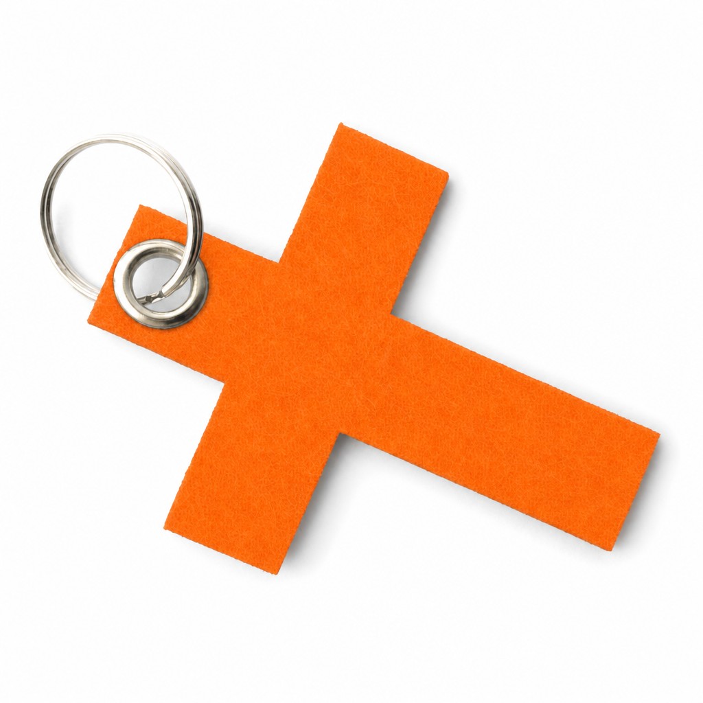Filz-Schlüsselanhänger Kreuz groß in Orange mit Metallöse und Schlüsselring – Werbeartikel aus 3 mm Filz