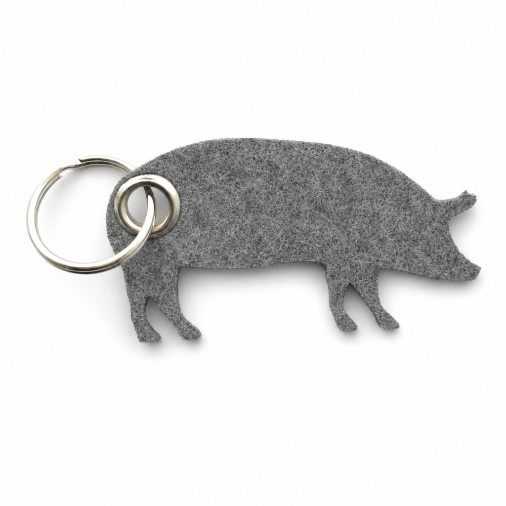 Filz-Schlüsselanhänger Schwein in Mittelgrau-meliert mit Metallöse und Schlüsselring – Werbeartikel aus 3 mm Filz