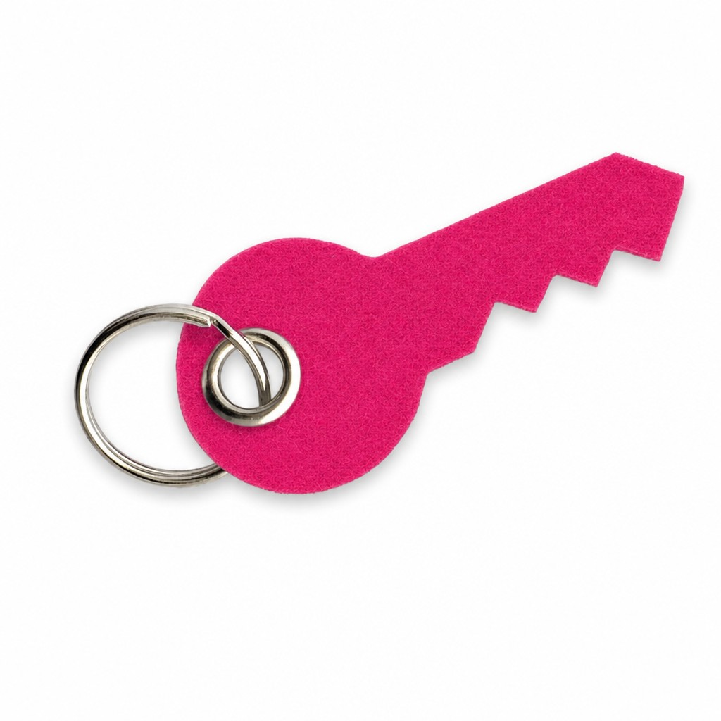Filz-Schlüsselanhänger Schlüssel in Dunkelpink-Magenta mit Metallöse und Schlüsselring – Werbeartikel aus 3 mm Filz
