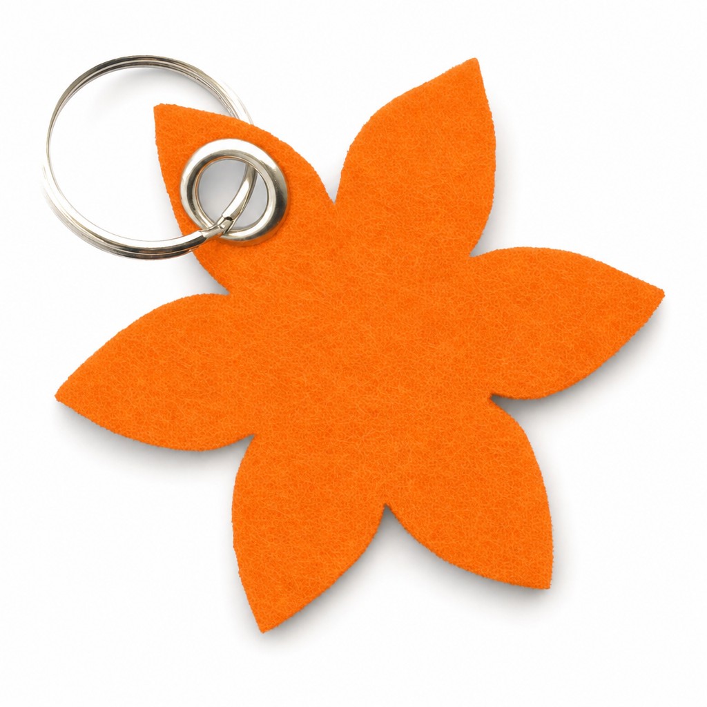 Filz-Schlüsselanhänger Blume spitz in Orange mit Metallöse und Schlüsselring – Werbeartikel aus 3 mm Filz