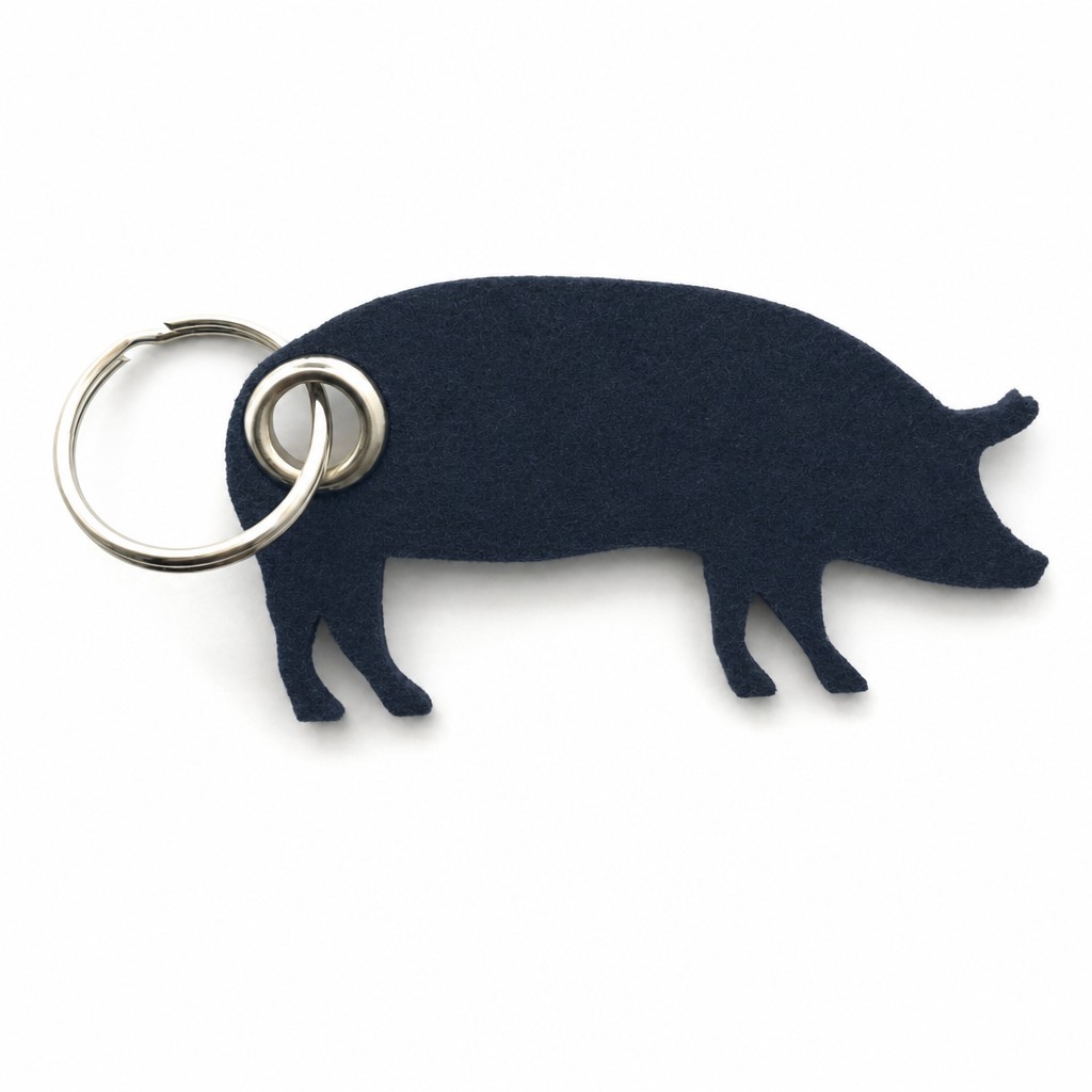 Filz-Schlüsselanhänger Schwein in Dunkelblau mit Metallöse und Schlüsselring – Werbeartikel aus 3 mm Filz