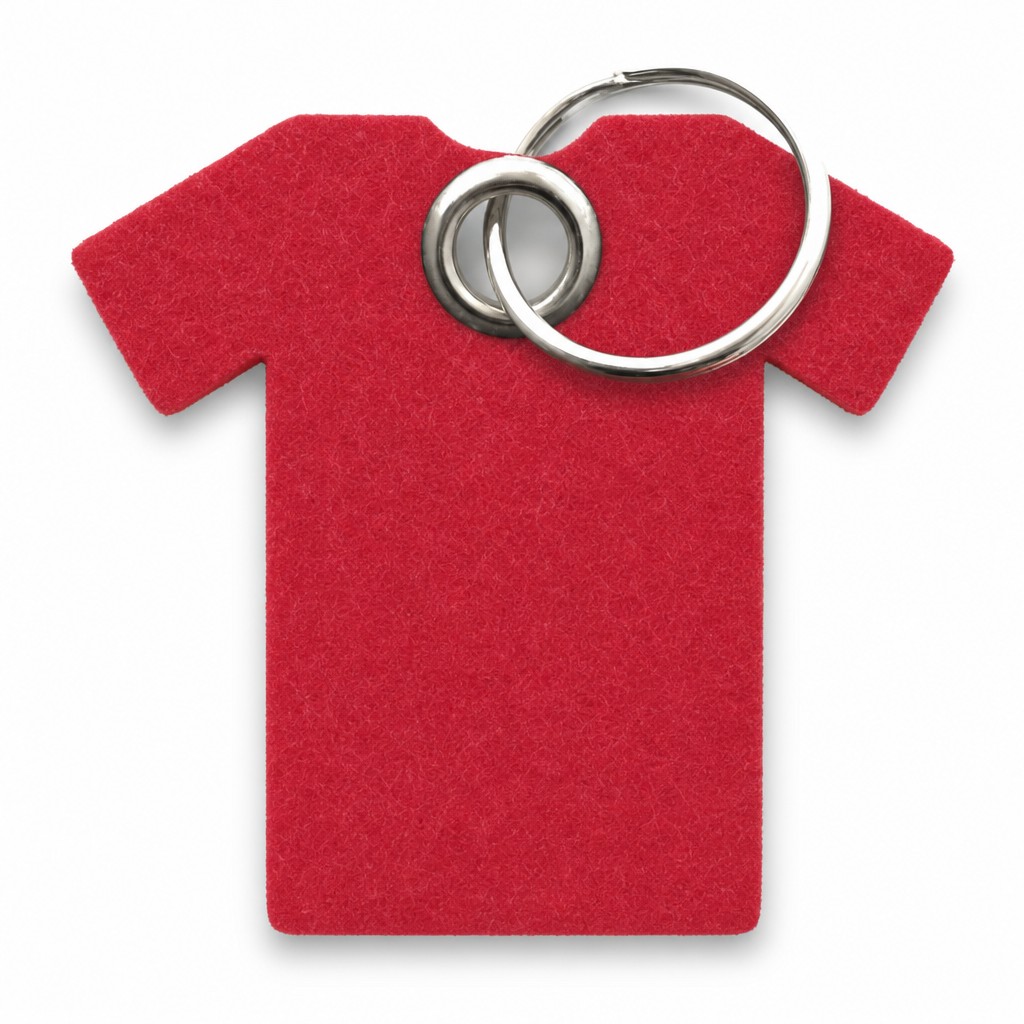 Filz-Schlüsselanhänger T-Shirt in Rot mit Metallöse und Schlüsselring – Werbeartikel aus 3 mm Filz