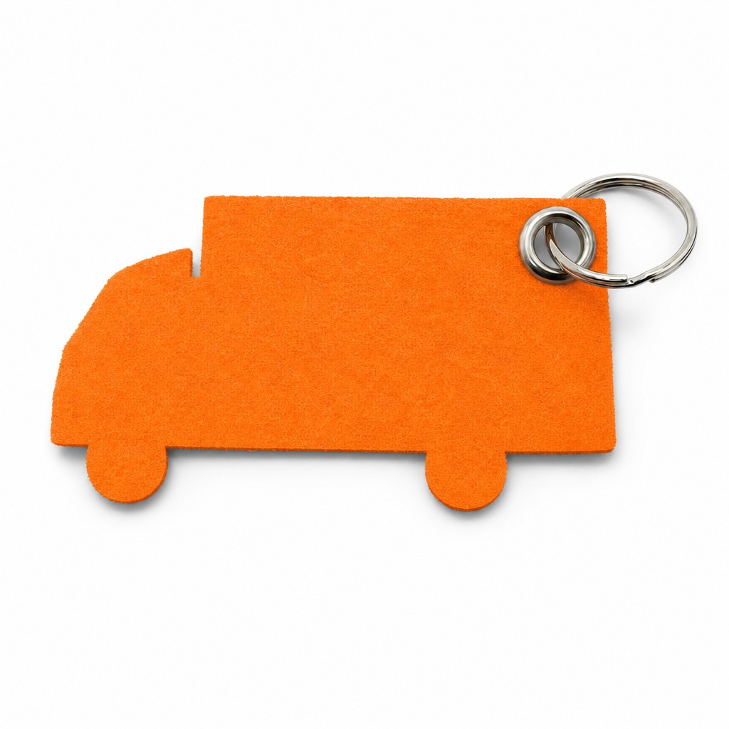 Filz-Schlüsselanhänger LKW in Orange mit Metallöse und Schlüsselring – Werbeartikel aus 3 mm Filz