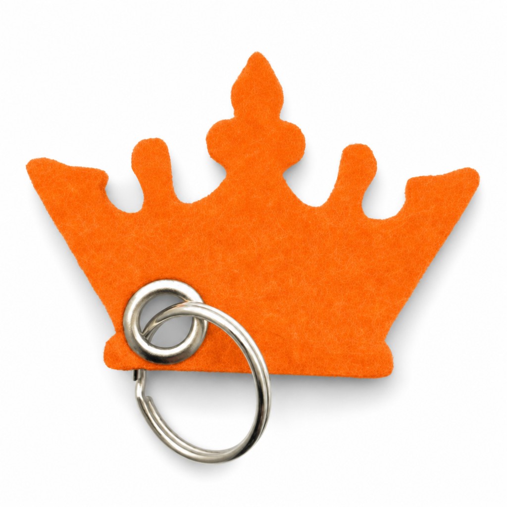 Filz-Schlüsselanhänger Krone in Orange mit Metallöse und Schlüsselring – Werbeartikel aus 3 mm Filz