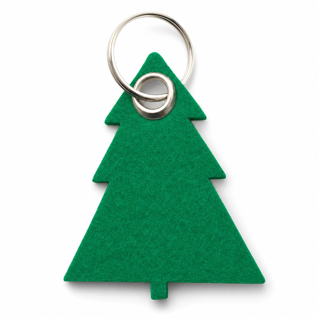 Filz-Schlüsselanhänger Tannenbaum in Grün mit Metallöse und Schlüsselring – Werbeartikel aus 3 mm Filz