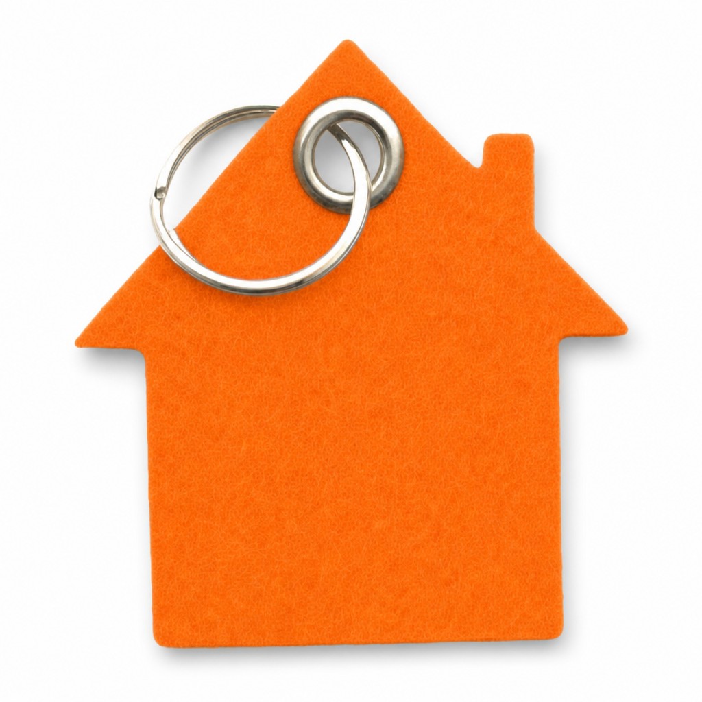 Filz-Schlüsselanhänger Haus in Orange mit Metallöse und Schlüsselring – Werbeartikel aus 3 mm Filz