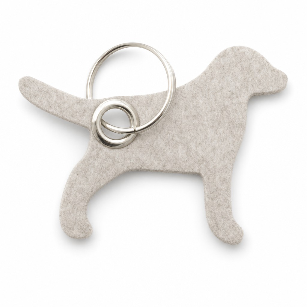 Filz-Schlüsselanhänger Hund in Beige-meliert mit Metallöse und Schlüsselring – Werbeartikel aus 3 mm Filz