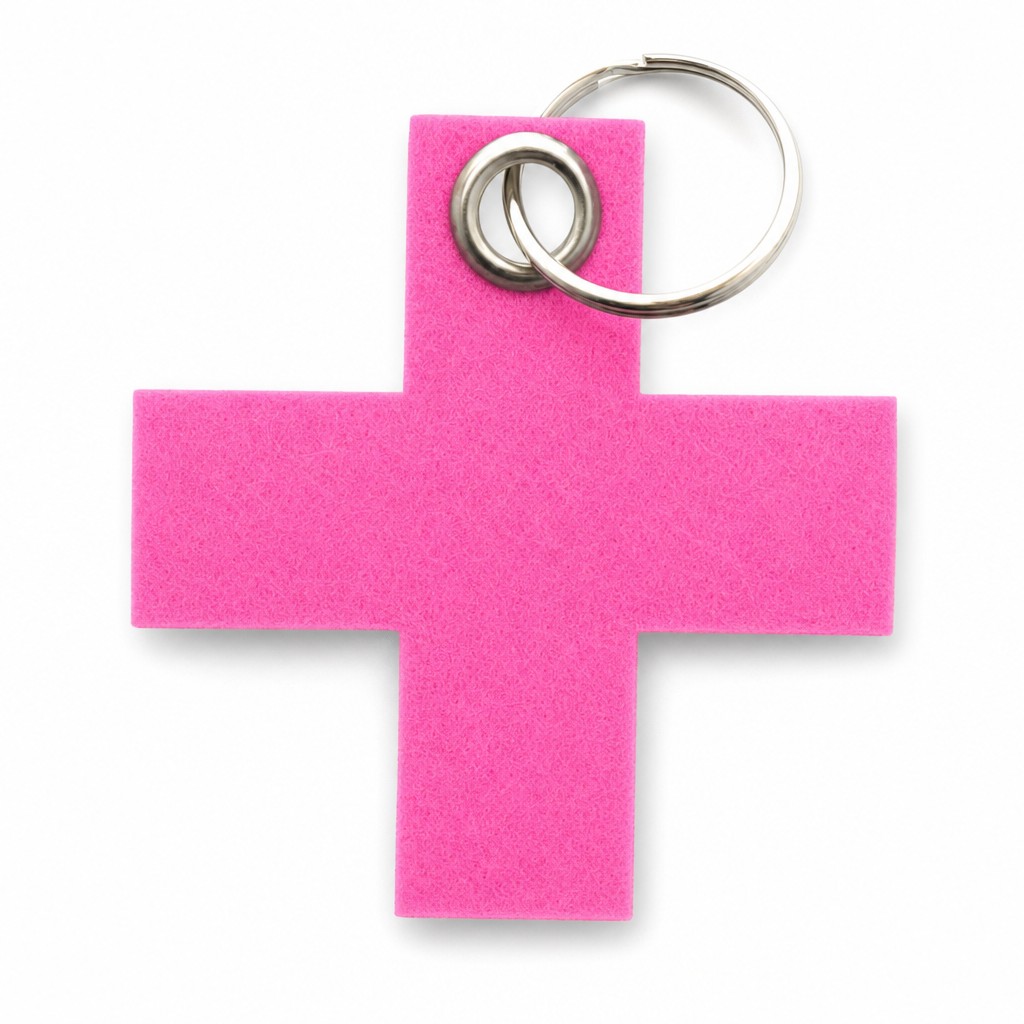 Filz-Schlüsselanhänger Kreuz klein in Pink mit Metallöse und Schlüsselring – Werbeartikel aus 3 mm Filz