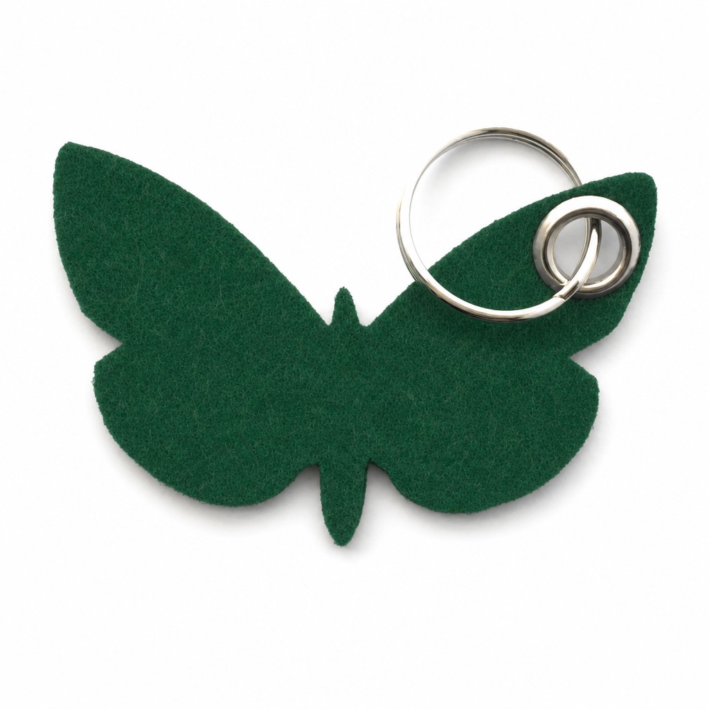 Filz-Schlüsselanhänger Schmetterling in Dunkelgrün mit Metallöse und Schlüsselring – Werbeartikel aus 3 mm Filz