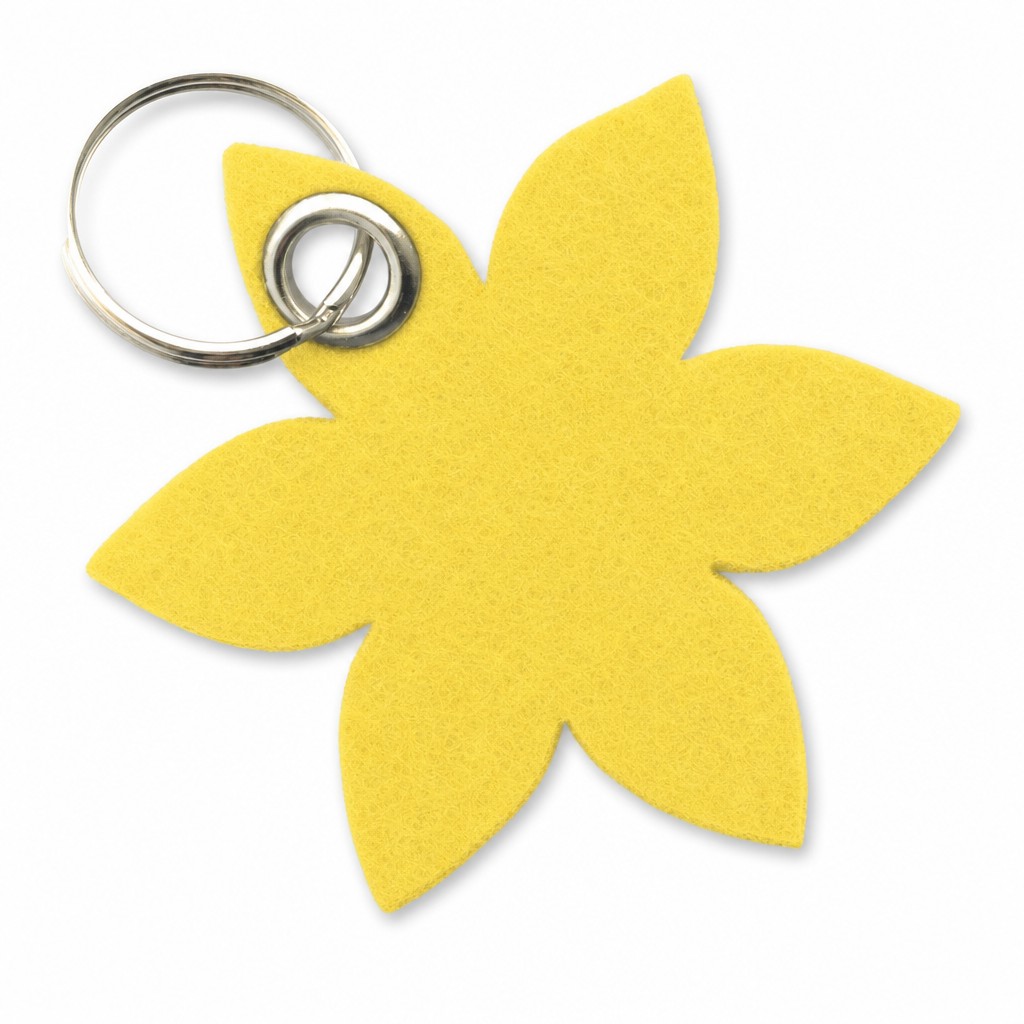 Filz-Schlüsselanhänger Blume spitz in Gelb mit Metallöse und Schlüsselring – Werbeartikel aus 3 mm Filz