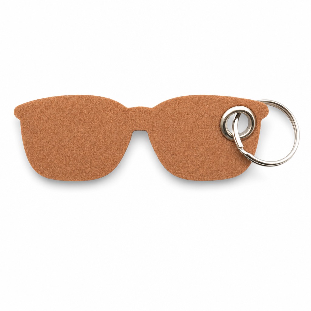 Filz-Schlüsselanhänger Brille in Hellbraun mit Metallöse und Schlüsselring – Werbeartikel aus 3 mm Filz