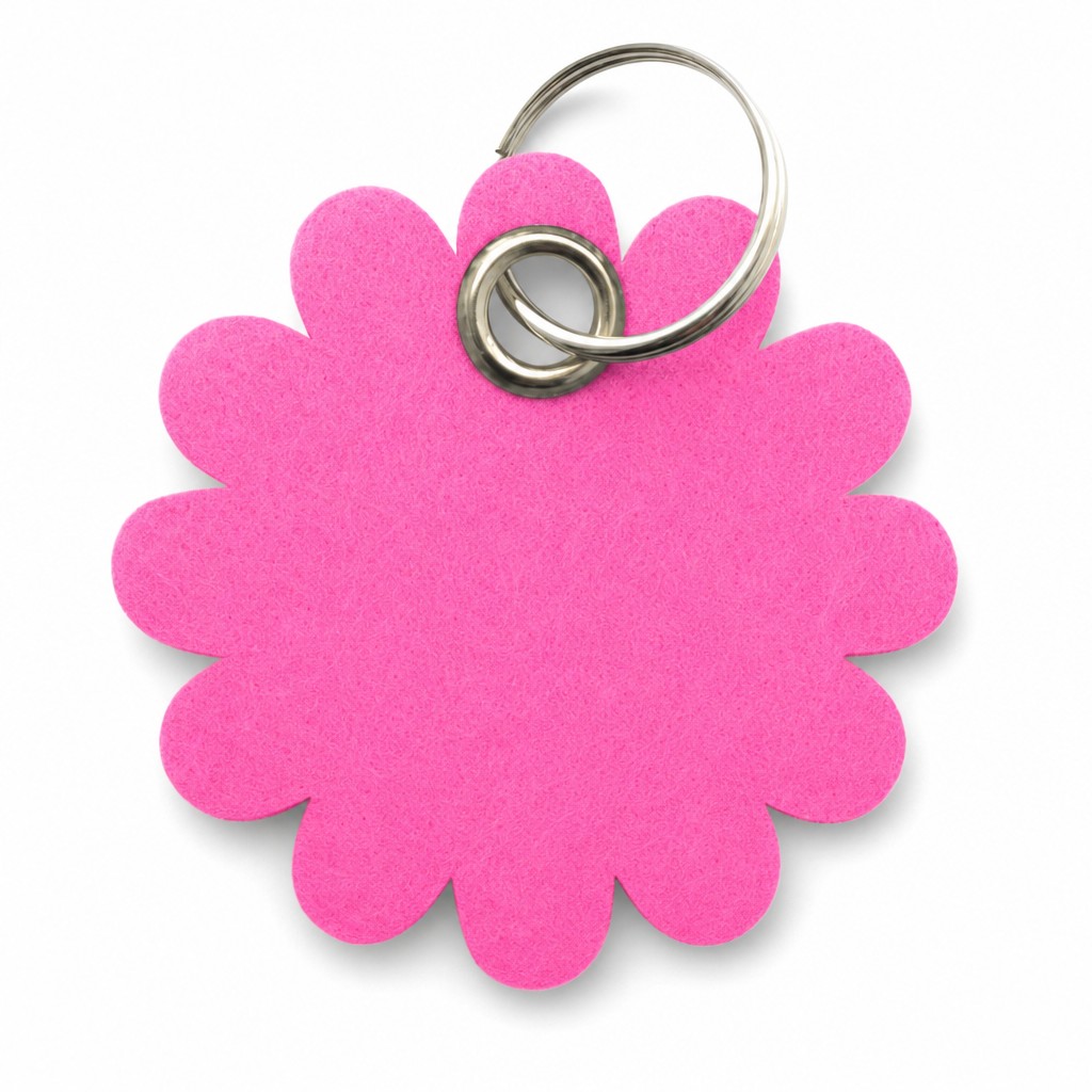 Filz-Schlüsselanhänger Blume rund in Pink mit Metallöse und Schlüsselring – Werbeartikel aus 3 mm Filz