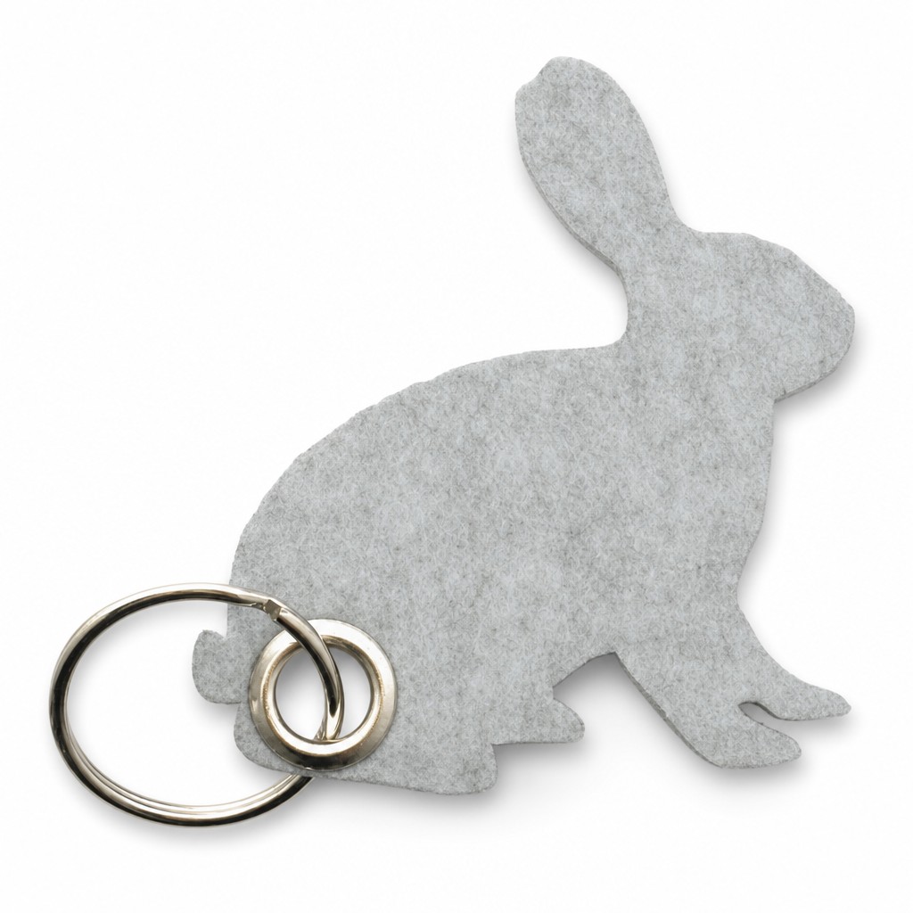 Filz-Schlüsselanhänger Hase in Hellgrau-meliert mit Metallöse und Schlüsselring – Werbeartikel aus 3 mm Filz