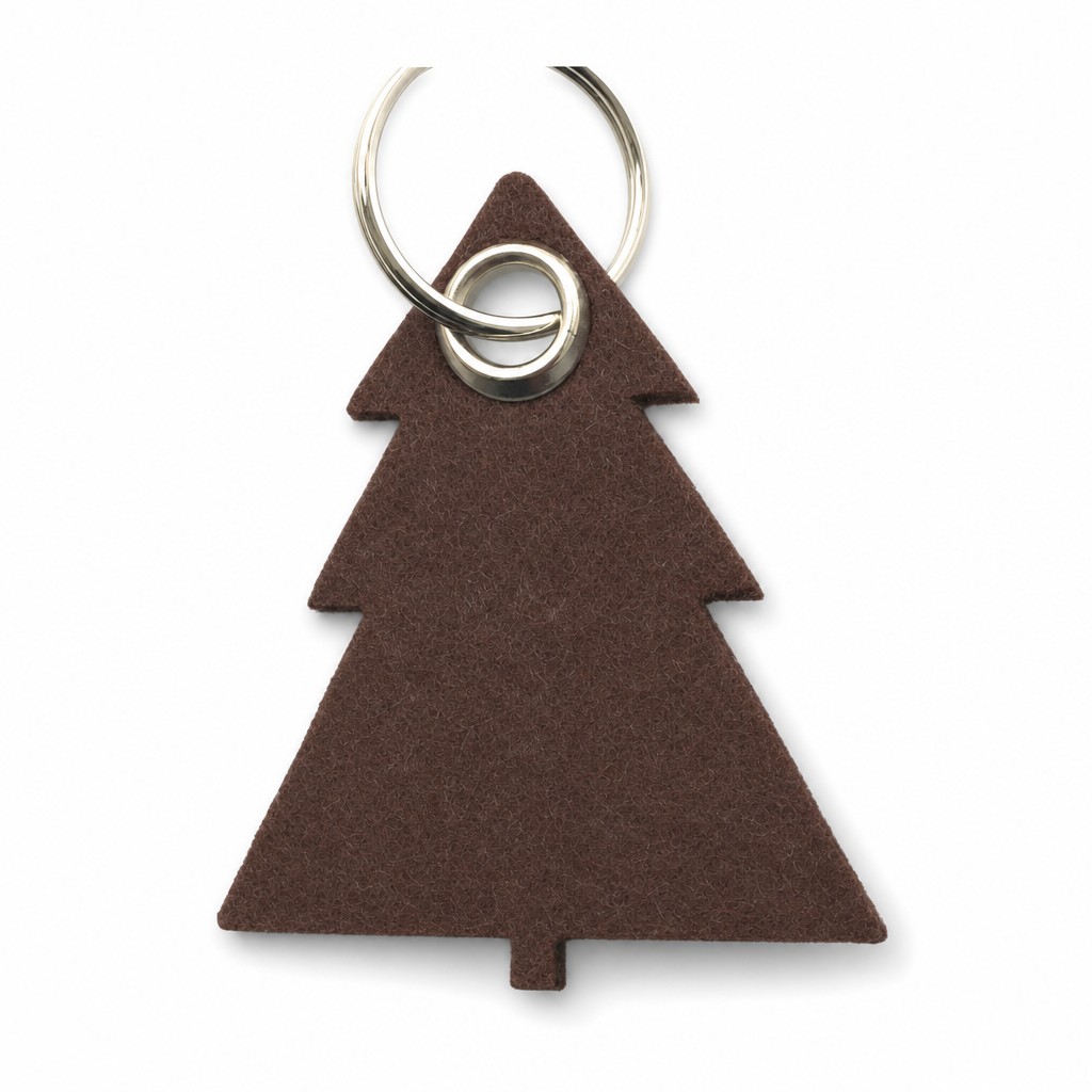 Filz-Schlüsselanhänger Tannenbaum in Dunkelbraun mit Metallöse und Schlüsselring – Werbeartikel aus 3 mm Filz