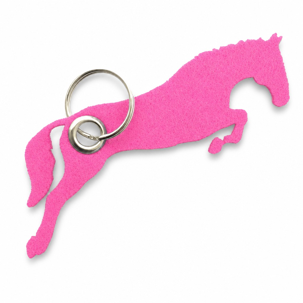 Filz-Schlüsselanhänger Springpferd in Pink mit Metallöse und Schlüsselring – Werbeartikel aus 3 mm Filz