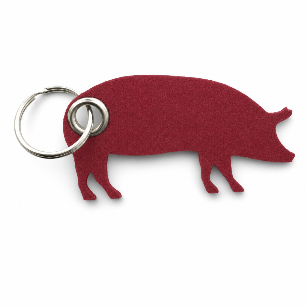 Filz-Schlüsselanhänger Schwein in Dunkelrot mit Metallöse und Schlüsselring – Werbeartikel aus 3 mm Filz