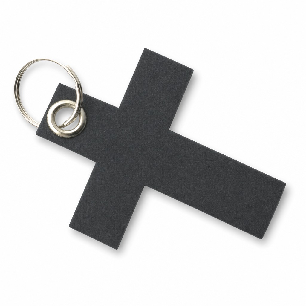Filz-Schlüsselanhänger Kreuz groß in Grau mit Metallöse und Schlüsselring – Werbeartikel aus 3 mm Filz