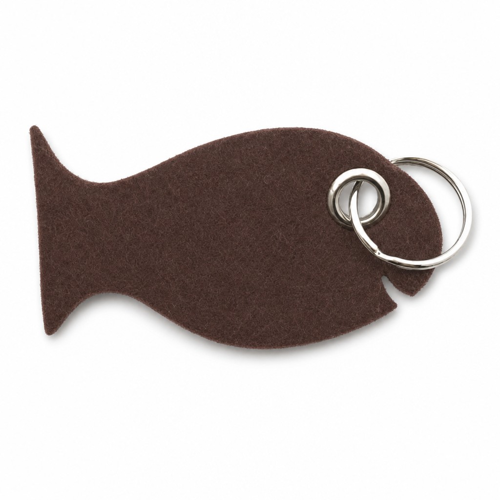 Filz-Schlüsselanhänger Fisch in Dunkelbraun mit Metallöse und Schlüsselring – Werbeartikel aus 3 mm Filz